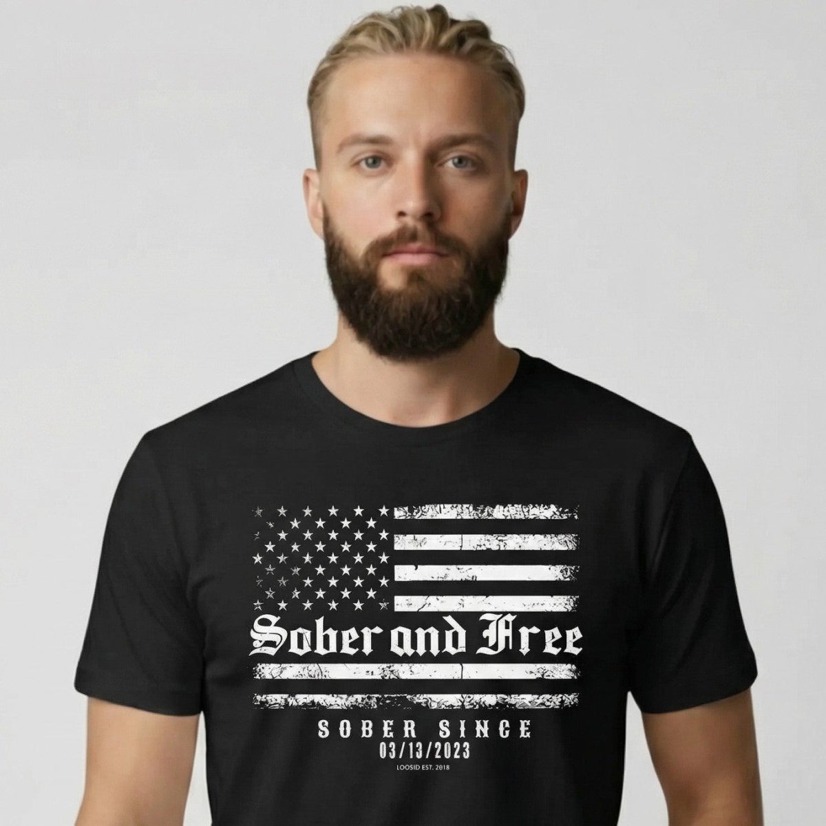Men's Sober and Free T-shirt with Custom Sobriety Date