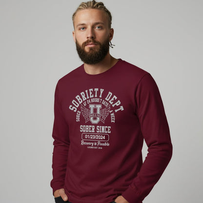 Men's Sobriety Dept Sober AF 24/7 Long Sleeve T-shirt with Custom Sobriety Date