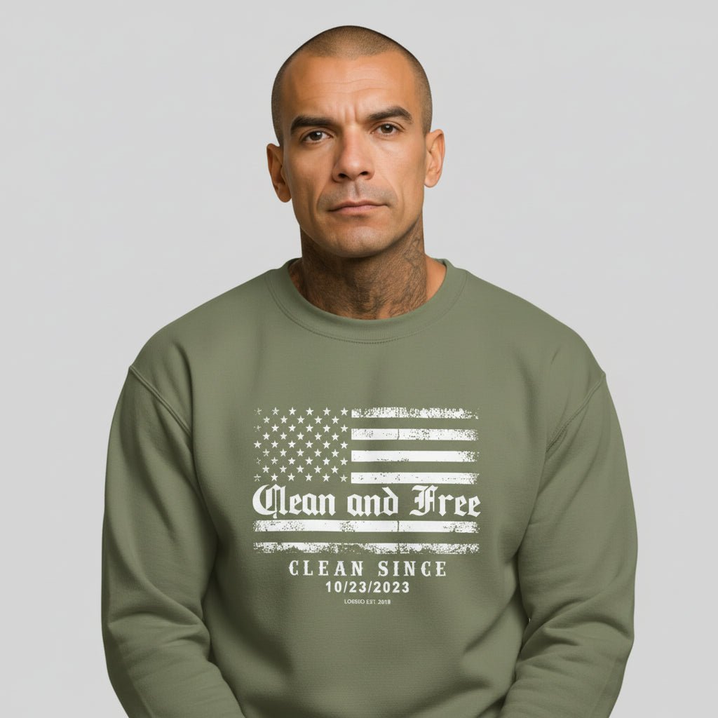 Green Clean and Free sweatshirt with custom Clean Since date, model view