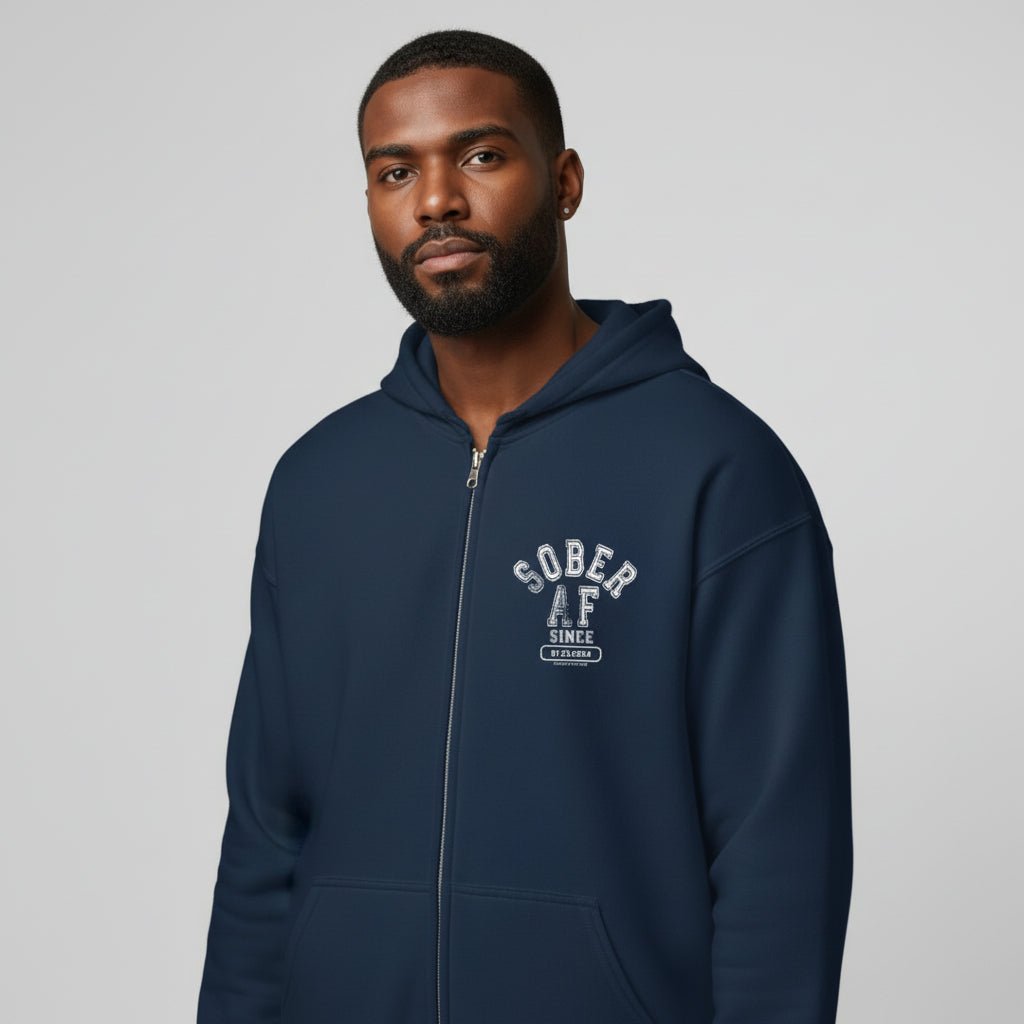 Recovery Hoodie | Sober AF Since Zip Hoodie Front and Back Print with Custom Sobriety Date