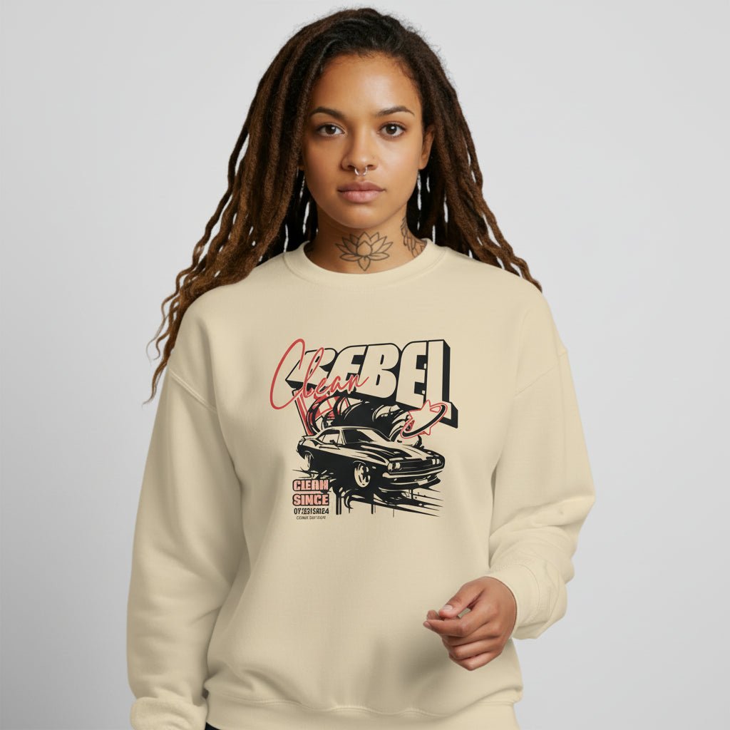 Loosid cream personalized sobriety gift sweatshirt featuring Clean Rebel vintage Recovery sweater design — Loosid