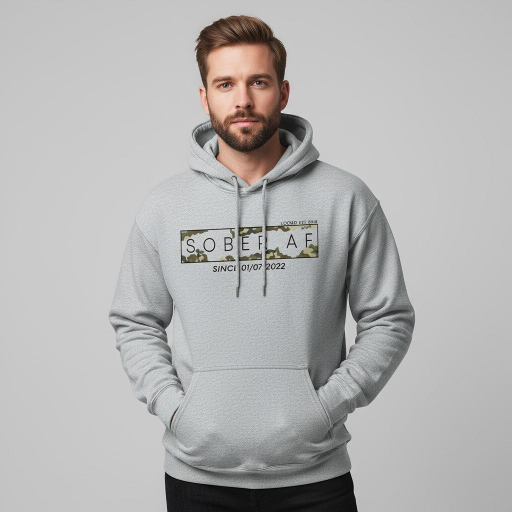 Recovery Hoodie | Men's Sober AF Camo Hoodie with Custom Sober Date