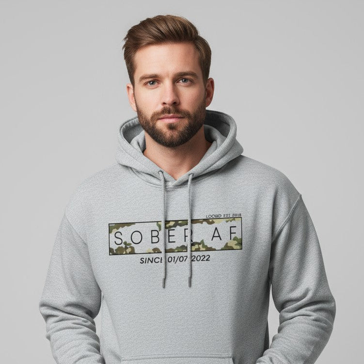 Recovery Hoodie | Men's Sober AF Camo Hoodie with Custom Sober Date