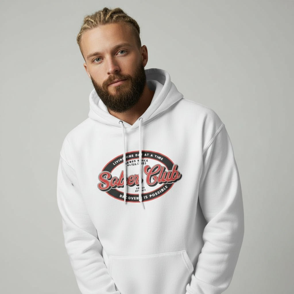 Sober Club Badge Unisex Hoodie with Custom Sobriety Date