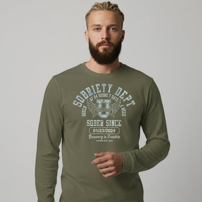 Men's Sobriety Dept Sober AF 24/7 Long Sleeve T-shirt with Custom Sobriety Date