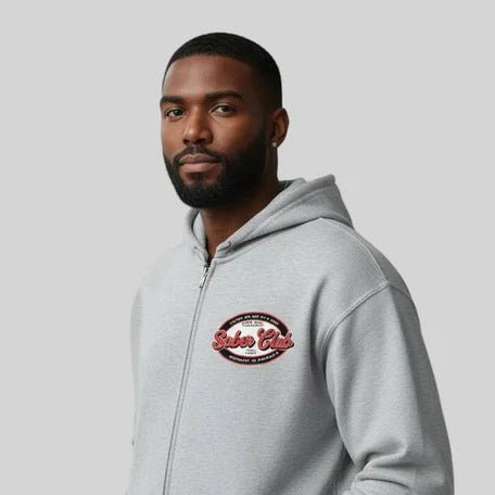 Sober Club Badge Left Chest Print Unisex Zip Hoodie with Custom Sobriety Date