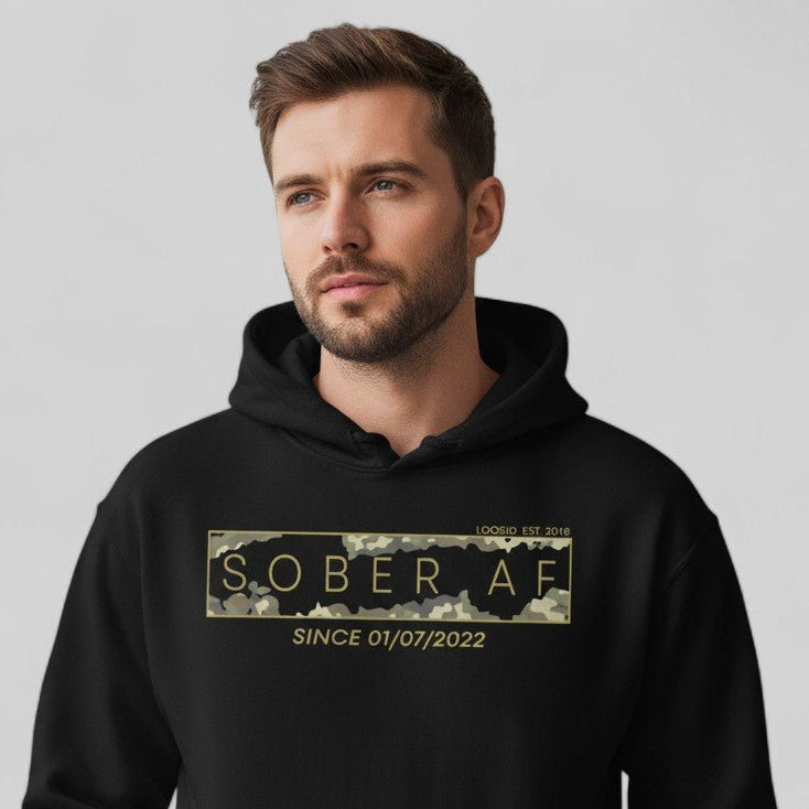 Recovery Hoodie | Men's Sober AF Camo Hoodie with Custom Sober Date