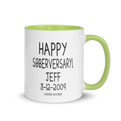 Happy Soberversary Mug with Color Inside Sober Coffee Mug close-up view (view 12)