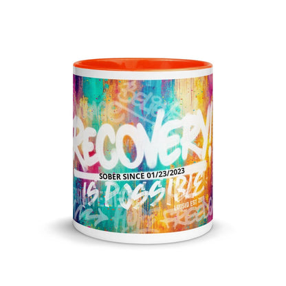 Recovery Is Possible Mug with Sober Date Sober Coffee Mug lifestyle view (view 5)