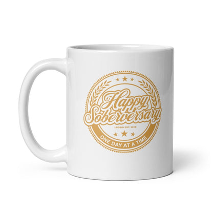 White Happy Soberversary Sober Coffee Mug flat lay styled image (view 3)