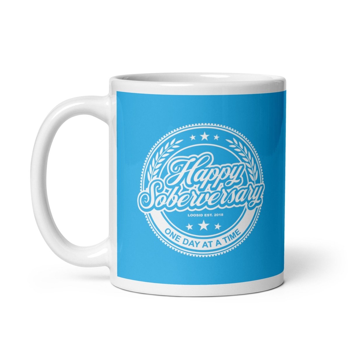 Lt. Blue Happy Soberversary Sober Coffee Mug flat lay styled image (view 3)