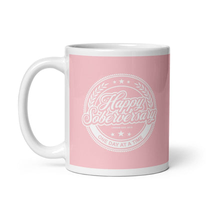 Pink Happy Soberversary Sober Coffee Mug flat lay styled image (view 3)