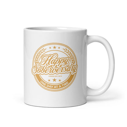 White Happy Soberversary Sober Coffee Mug close-up view (view 2)