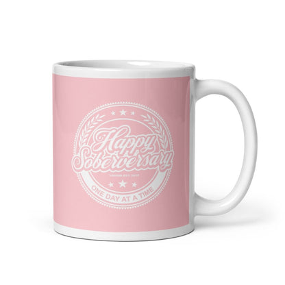 Pink Happy Soberversary Sober Coffee Mug close-up view (view 2)