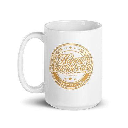 White Happy Soberversary Sober Coffee Mug lifestyle view (view 5)