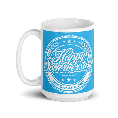 Lt. Blue Happy Soberversary Sober Coffee Mug lifestyle view (view 5)