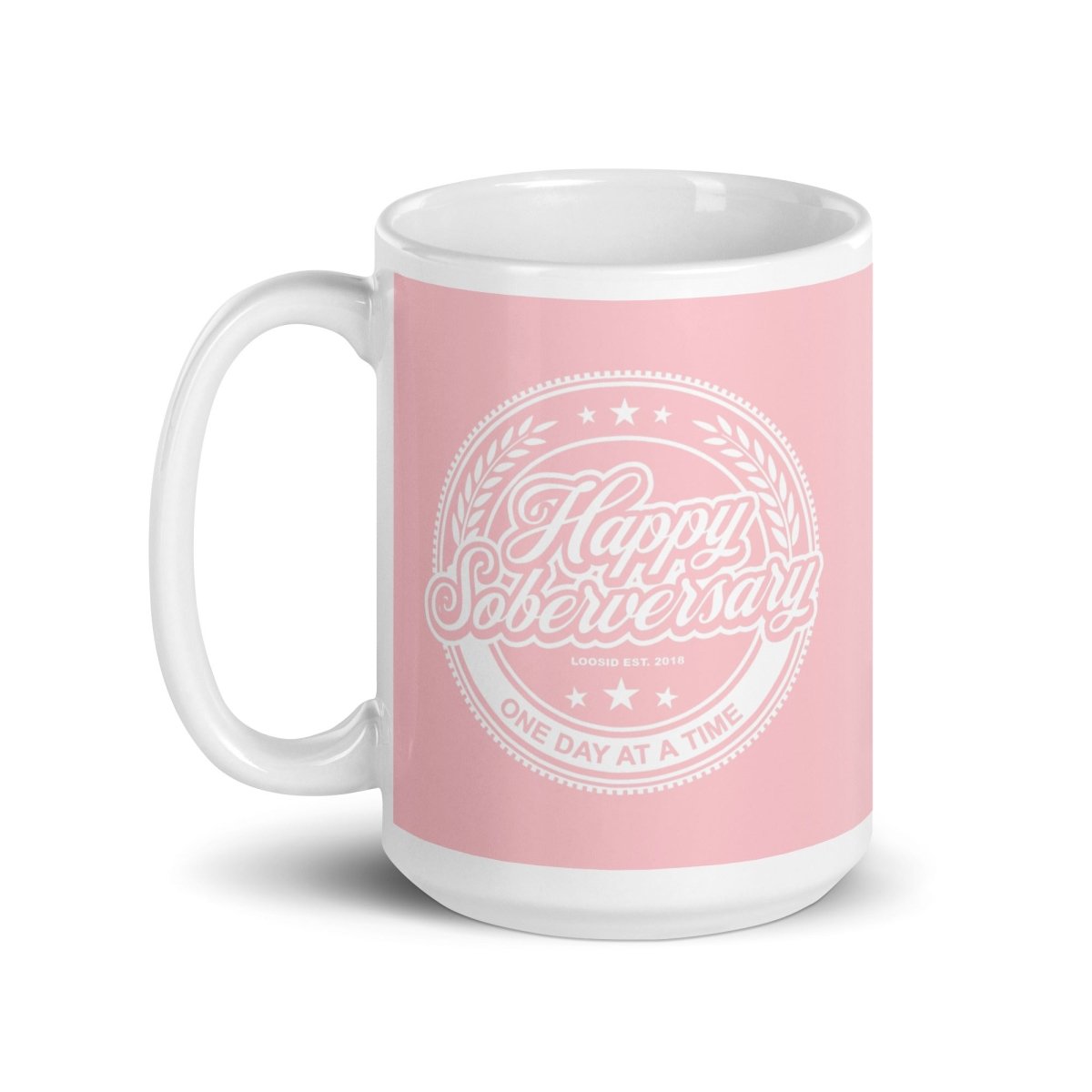 Pink Happy Soberversary Sober Coffee Mug lifestyle view (view 5)