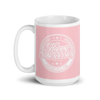 Pink Happy Soberversary Sober Coffee Mug lifestyle view (view 5)