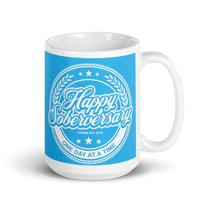 Lt. Blue Happy Soberversary Sober Coffee Mug graphic detail (view 4)