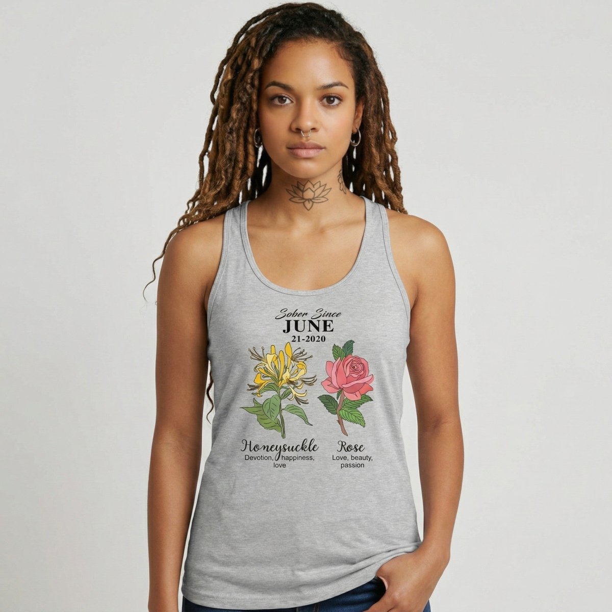 Sober Since Monthly Flower Personalized with Your Sober Date Sober Tank Top back view (view 17)