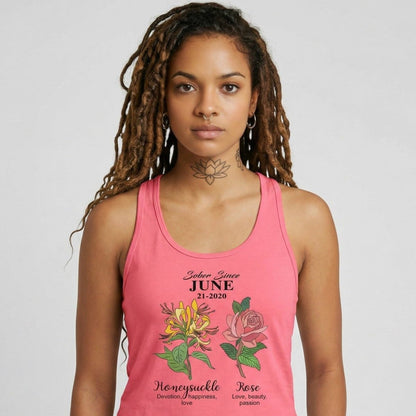 Sober Since Monthly Flower Personalized with Your Sober Date Sober Tank Top back view (view 7)