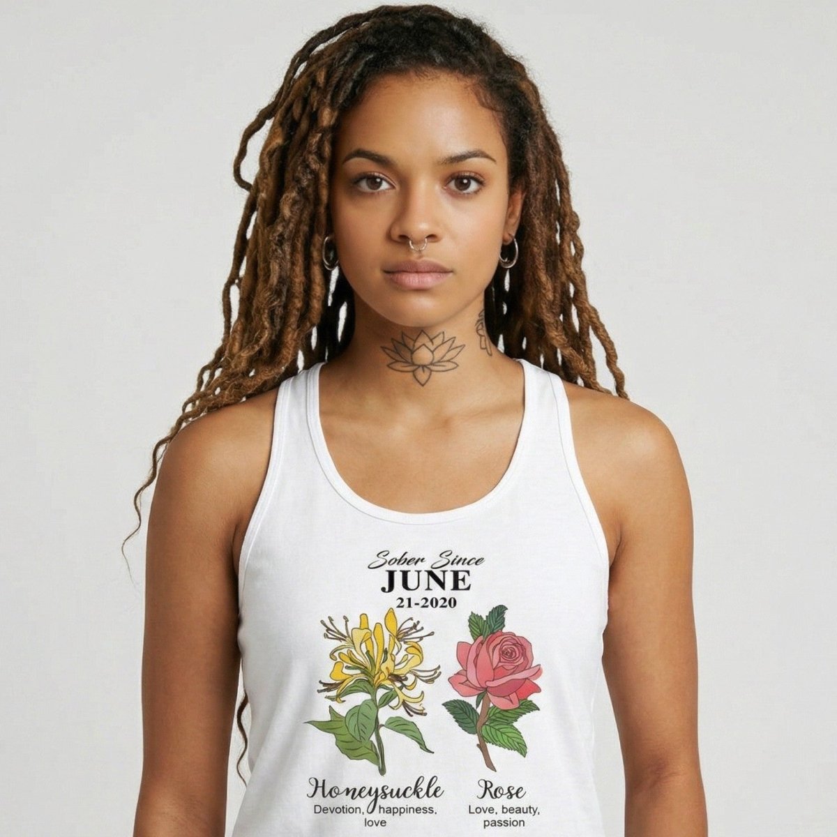 Sober Since Monthly Flower Personalized with Your Sober Date Sober Tank Top close-up view (view 2)