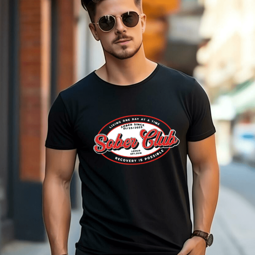 Sober Club Badge Unisex T-shirt with Custom Sobriety Date